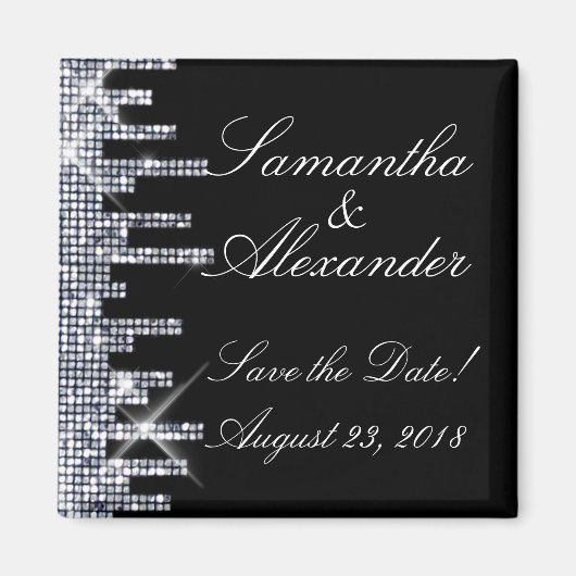 Glittery Black/Silver Glamor Save the Date Magneet (Voorkant)