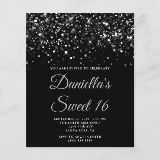 Glittery Black Sweet 16 Invite Flyer (Voorkant)