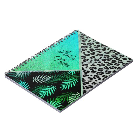 Glittery Blauwgroen Tropical Leopard Print Notitieboek (Linkerzijde)
