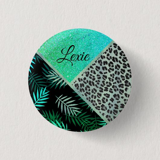 Glittery Blauwgroen Tropical Leopard Print Ronde Button 3,2 Cm (Voorkant)