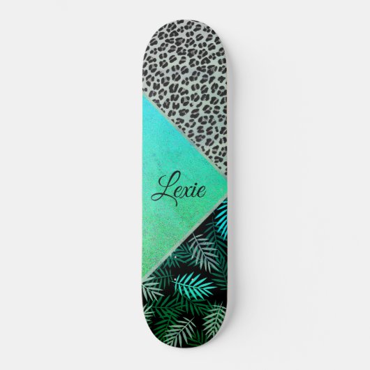 Glittery Blauwgroen Tropical Leopard Print Skateboard (Voorkant)