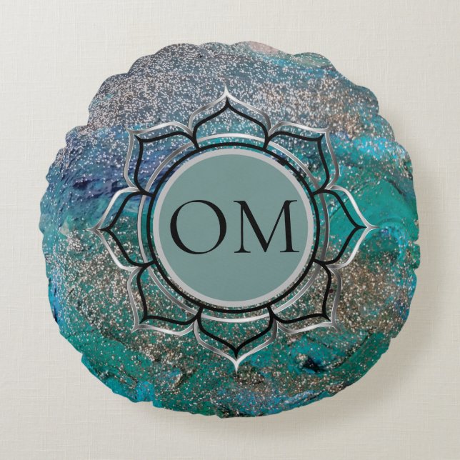 Glittery Blue Elegant OM Lotus Rond Kussen (Voorkant)