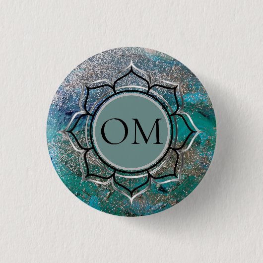 Glittery Blue Elegant OM Lotus Ronde Button 3,2 Cm (Voorkant)