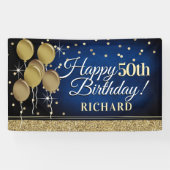 Glittery Blue en Gold Happy 50th Birthday Banner (Horizontaal)