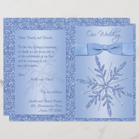 Glittery Blue Snowflake Programme de mariage (Devant / Derrière)