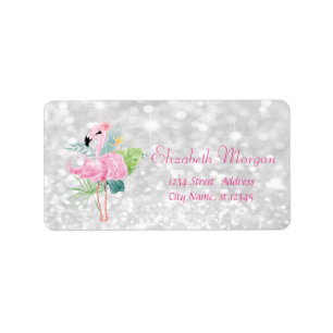 Glittery, Bokeh, Tropische bladeren, roze flamingo Etiket