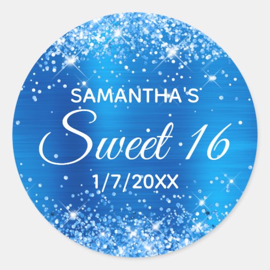 Glittery Bright Blue Folie Sweet 16 Ronde Sticker (Voorkant)