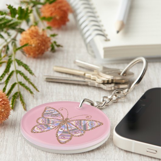 Glittery Butterfly gepersonaliseerd roze Sleutelha Sleutelhanger (Voorkant Rechts)