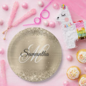 Glittery Champagne Folie Fancy Monogram Papieren Bordje (Feest)