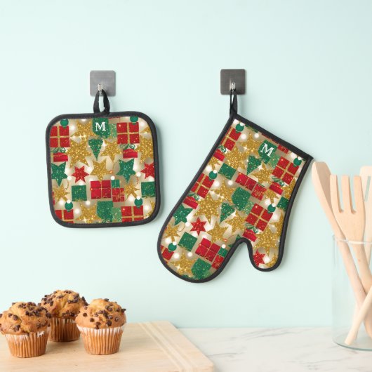 Glittery Christmas Pattern Ovenwant & Pannenlap Set (Insitu(Ophanging))