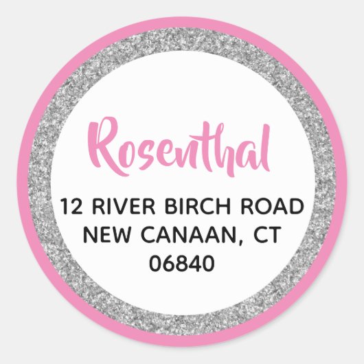 Glittery Dark Pink & Silver Retouradres Ronde Sticker (Voorkant)