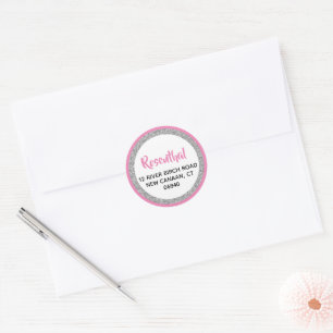 Glittery Dark Pink & Silver Retouradres Ronde Sticker
