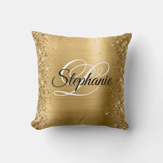 Glittery Edge Gold Foil Fancy Monogram Kussen (Voorkant)