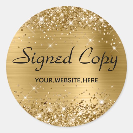 Glittery Faux Gold Foil Signed Copy met URL Ronde Sticker (Voorkant)