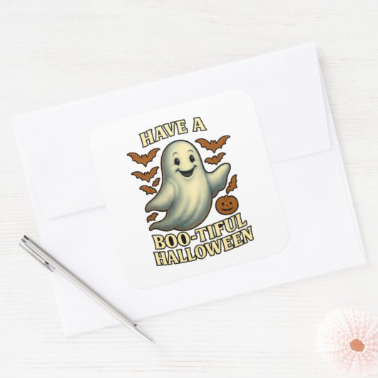 Glittery Ghost “Have a Boo-tiful Halloween” Vierkante Sticker (Envelop)