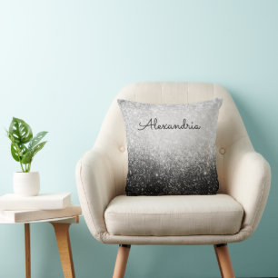 Glittery Glam Zilver en Zwart Gepersonaliseerd Kussen