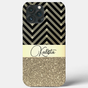 Glittery Gold en Black Chevron gepersonaliseerd iPhone 13 Pro Max Hoesje