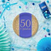 Glittery Gold en Blue 50 en Fabulous 50th Birthday Papieren Bordje (Feest)