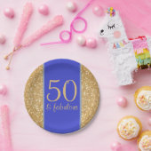 Glittery Gold en Blue 50 en Fabulous 50th Birthday Papieren Bordje (Feest)