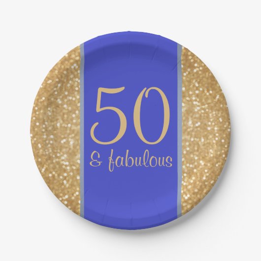 Glittery Gold en Blue 50 en Fabulous 50th Birthday Papieren Bordje (Voorkant)