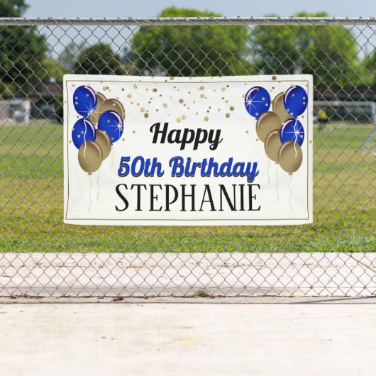 Glittery Gold en Blue Happy Birthday-banner Spandoek (Insitu)