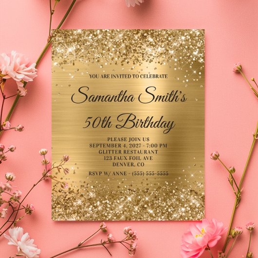Glittery Gold Foil 50th Birthday Monogram Invite Flyer
