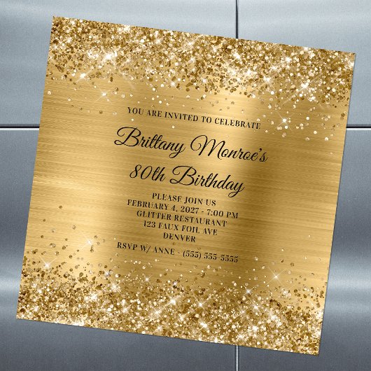 Glittery Gold Foil 80th Birthday Magnetische Uitnodiging