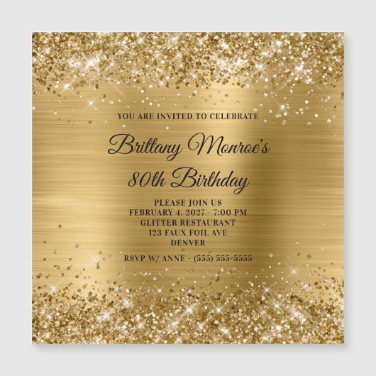 Glittery Gold Foil 80th Birthday Magnetische Uitnodiging (Voorkant)