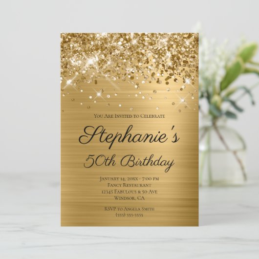 Glittery Gold Foil Elegant Script 50th Birthday Kaart (Staand voorkant)
