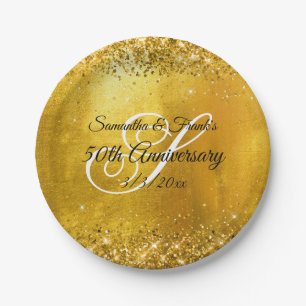 Glittery Gold Foil Fancy Monogram 50e Jubileum Papieren Bordje