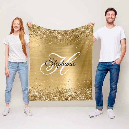 Glittery Gold Foil Fancy Monogram Fleece Deken (In situ)