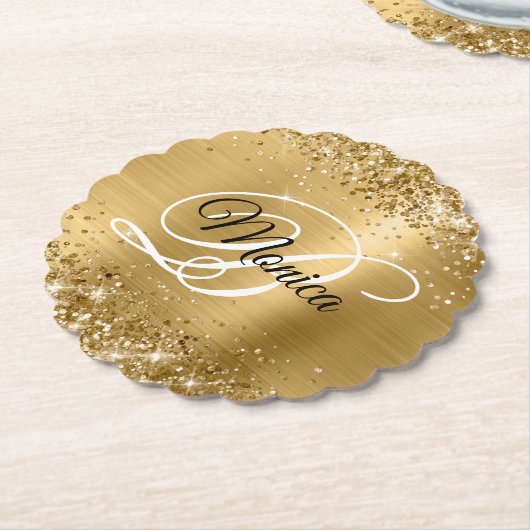 Glittery Gold Foil Fancy Monogram Kartonnen Onderzetters (Gekanteld)