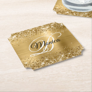 Glittery Gold Foil Fancy Monogram Kartonnen Onderzetters
