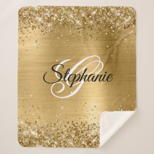 Glittery Gold Foil Fancy Monogram Sherpa Deken