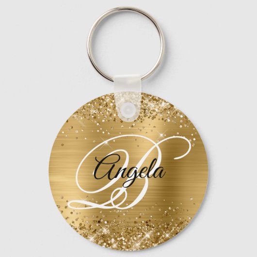 Glittery Gold Foil Fancy Monogram Sleutelhanger (Voorkant)