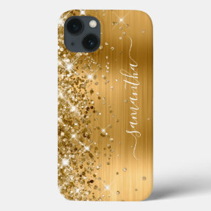 Glittery Gold Foil Modern Girly Signature iPhone 13 Hoesje