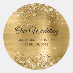 Glittery Gold Foil Ons huwelijk Ronde Sticker