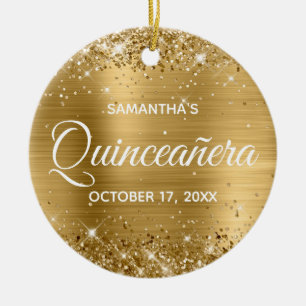 Glittery Gold Foil Quinceañera Keramisch Ornament