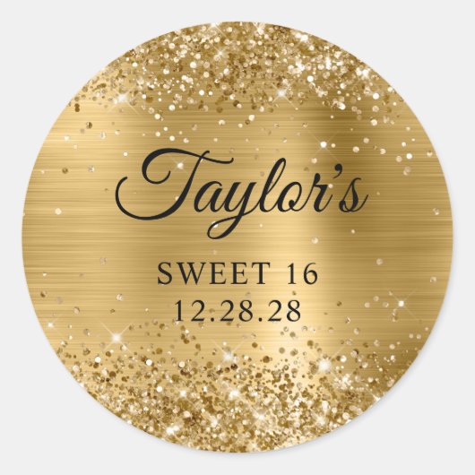Glittery Gold Foil Sweet 16 Ronde Sticker (Voorkant)
