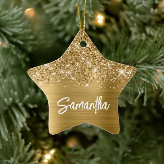 Glittery Gold Glam Brush Script Name Keramisch Ornament (Boom)