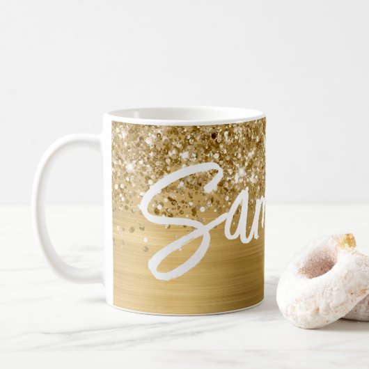 Glittery Gold Glam Brush Script Name Koffiemok (Met donut)