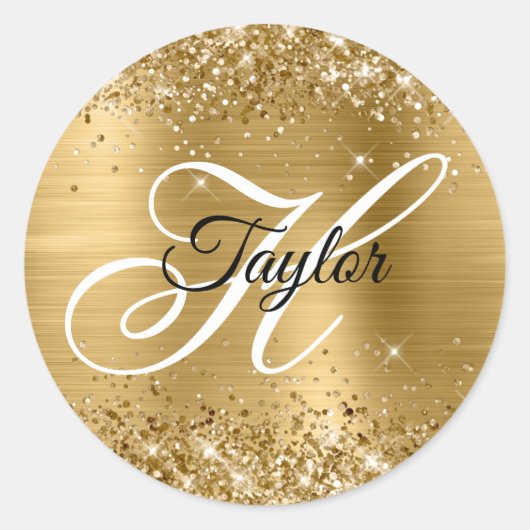Glittery Gold Metallic Fancy Monogram Ronde Sticker (Voorkant)