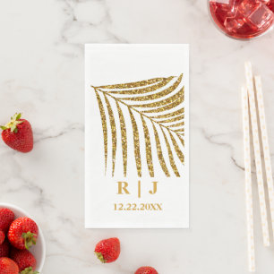 Glittery Gold Palm Leaf Monogram Naam Huwelijk Servet