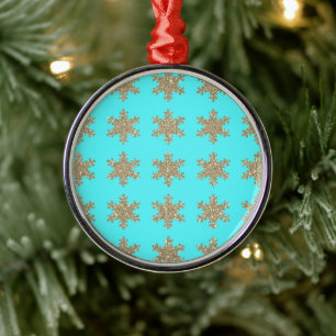 Glittery Gold Snowflakes Patronen Turquoise Blue Metalen Ornament