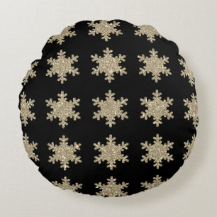 Glittery Gold Snowflakes Pattern Black Cute 2023 Rond Kussen