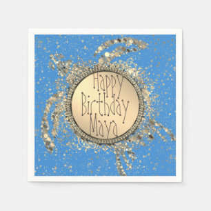 Glittery Gold Turtle on Blue Birthday Servet