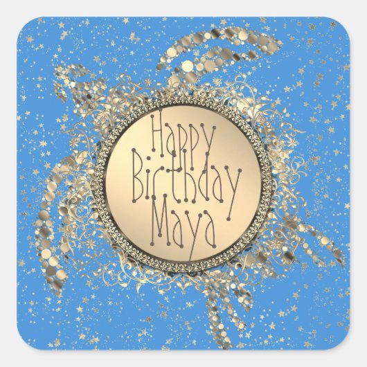 Glittery Gold Turtle on Blue Birthday Vierkante Sticker (Voorkant)