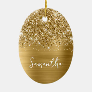 Glittery gouden glam naam ovale foto keramisch ornament