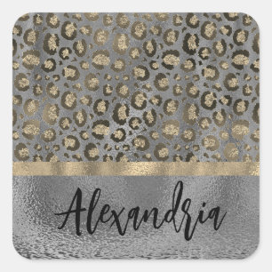 Glittery gouden luipaard print op grijs gepersonal vierkante sticker
