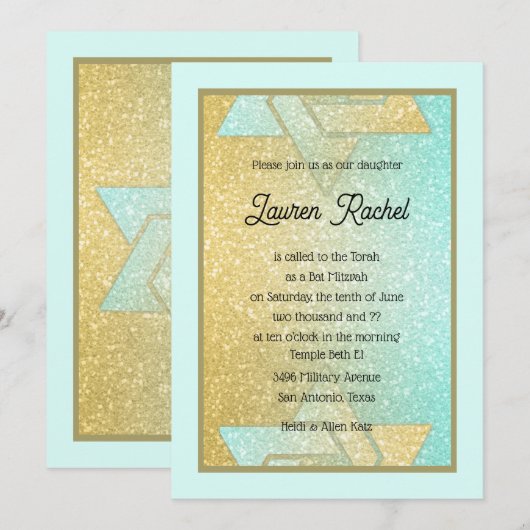 Glittery Gradient Bat mitzvah Aqua Gold Invitation (Devant / Derrière)